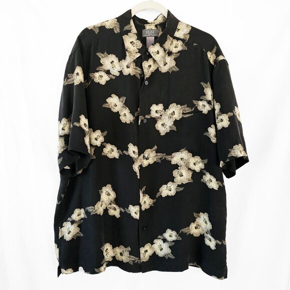 Vintage Crazy Horse Men's Black Silk Hawiian Floral Button Down Shirt - Picture 1 of 3
